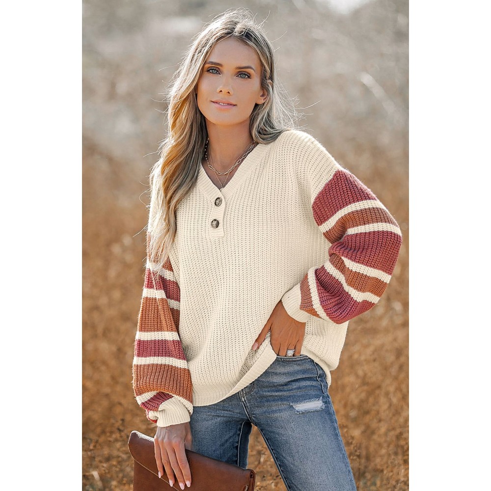 V-Neck Buttoned Striped Sweater