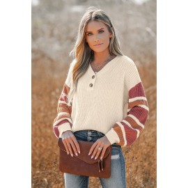 V-Neck Buttoned Striped Sweater